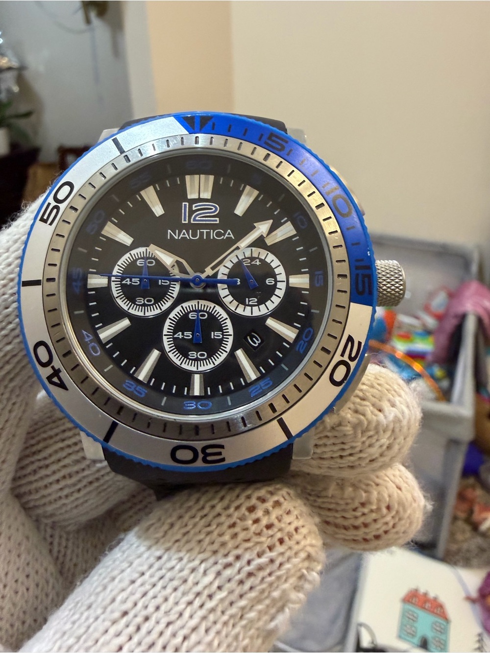 Nautica NST 101 Mens Chronograph Watch Blue Silver Bezel N14N05